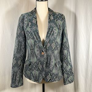 Acoté Anthropologie French Fabric Jacquard Blue Green Artsy Blazer Size 1 - XS-S